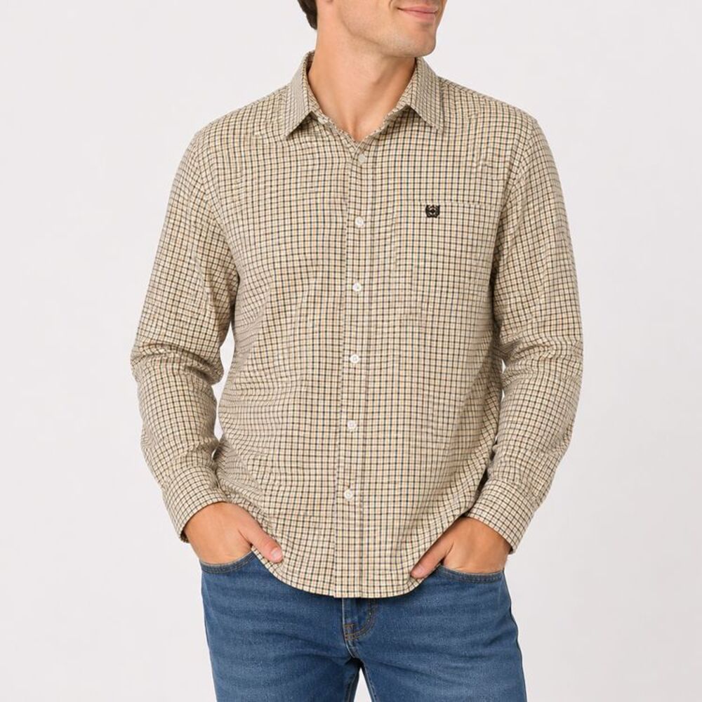 Cinch Shirt Mens XL Yellow Brown Plaid Long Sleeve Button Down Cotton Western